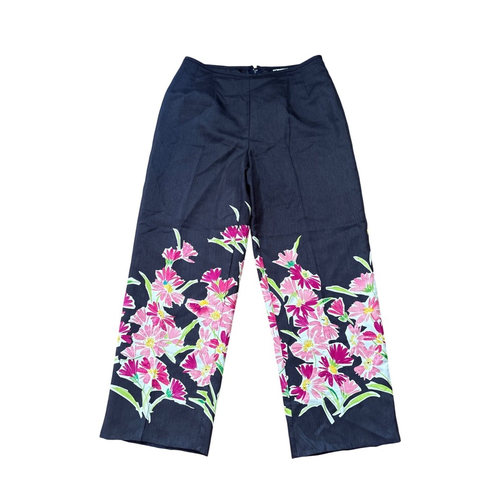 Sheri Martin Pants Womens‎ Navy Blue Floral Border Print Wide Leg SIZE 6